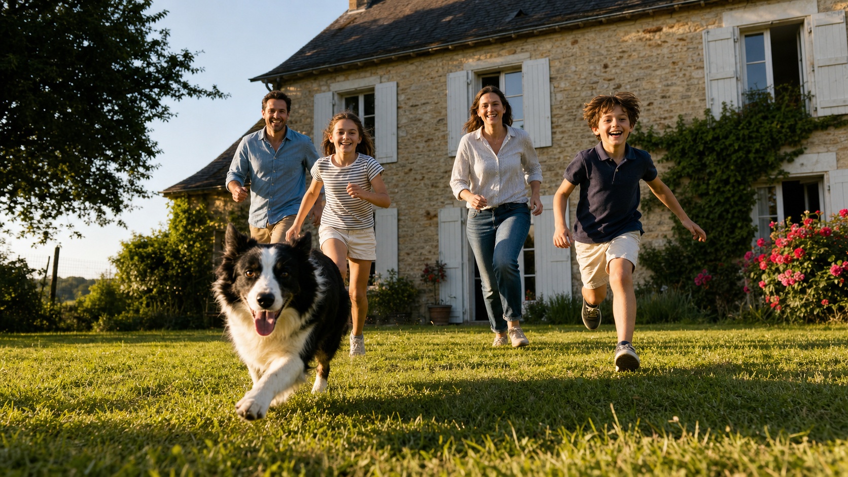 Famille heureuse avec un grand chien en bonne santé dans un jardin ensoleillé, ambiance sereine et rassurante