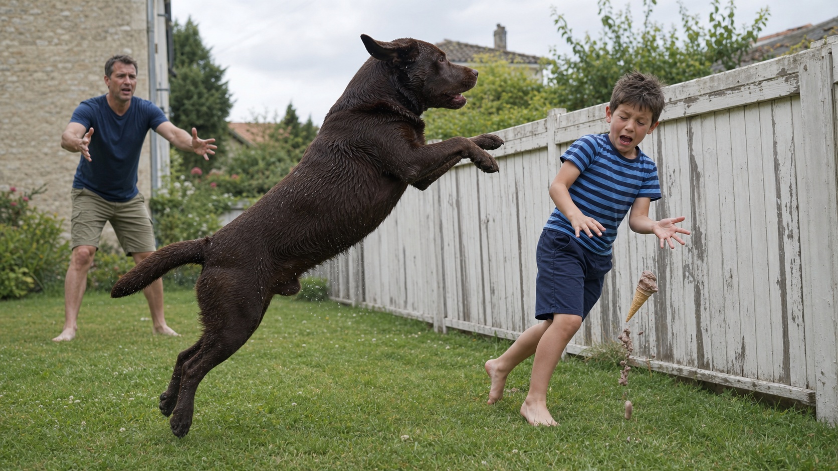 Chien golden retriever jouant dans un jardin avec un enfant, illustrant les risques couverts par la RC habitation