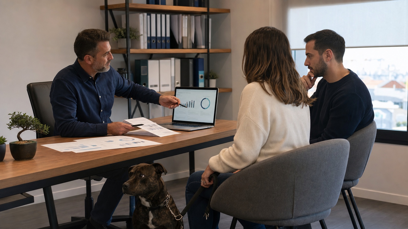 Personne signant un contrat d'assurance habitation pour chien dans les bureaux d'un courtier, documents étalés sur le bureau