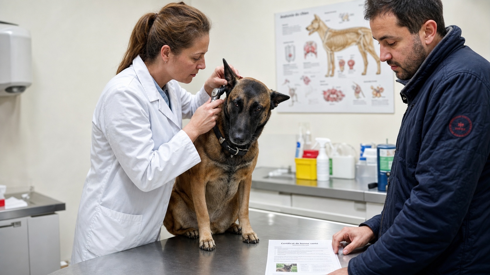 Vétérinaire examinant un chien avec son propriétaire dans un cabinet, documents réglementaires visibles sur le bureau