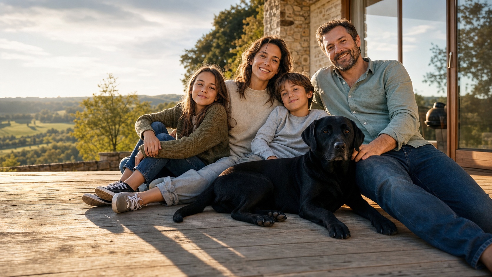 Famille sereine avec leur chien dans leur jardin, assurée et protégée par une assurance habitation adaptée