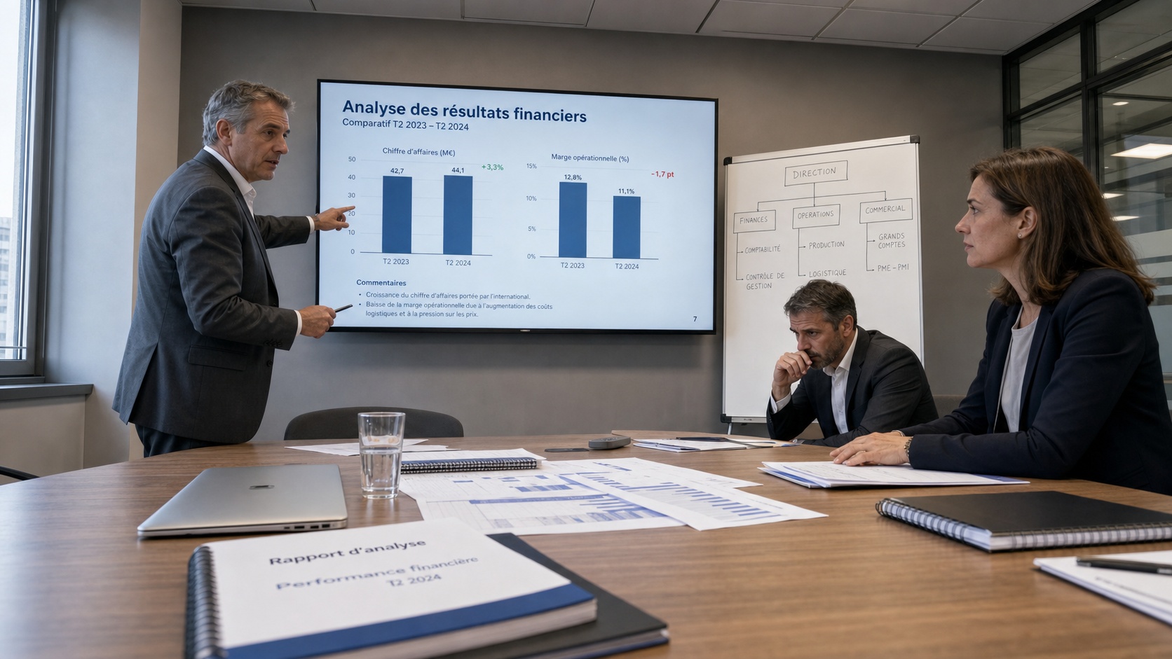 Consultant en stratégie en réunion client, tableau blanc avec schéma organisationnel, bureau moderne à Paris
