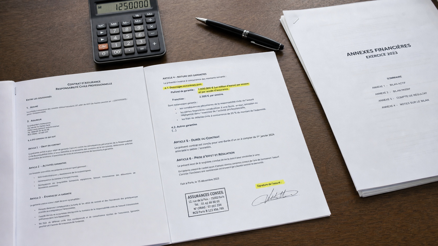 Document de contrat RC Pro consultant posé sur un bureau, stylo et calculatrice, lumière de bureau neutre