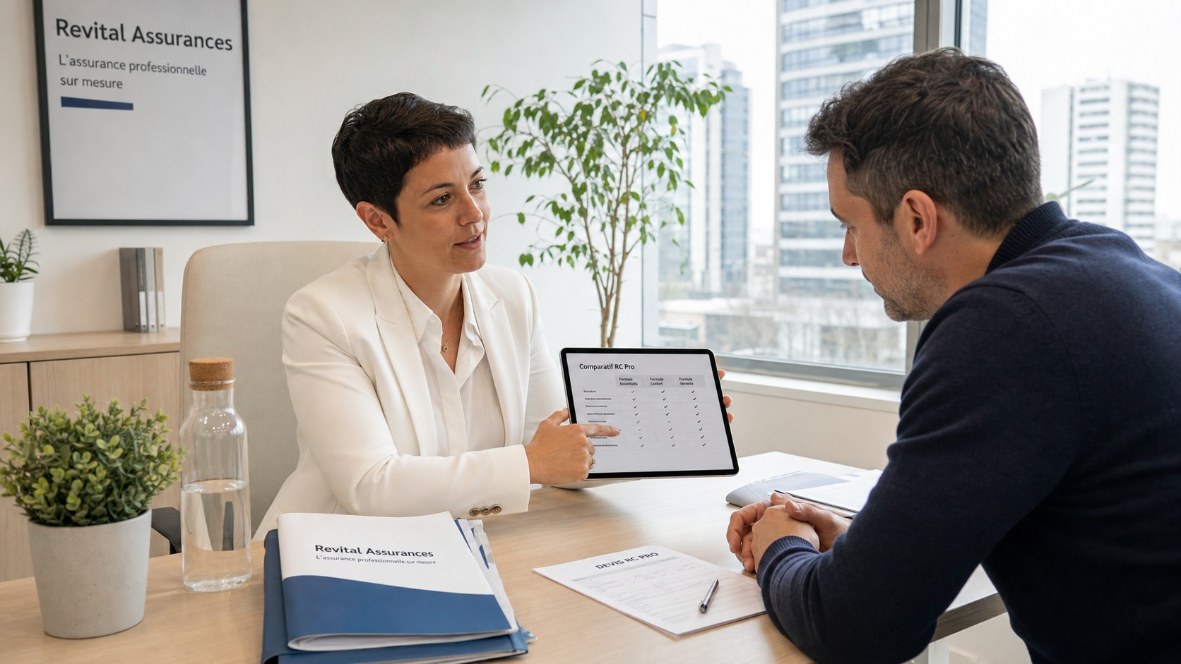 Conseiller en assurance expliquant un contrat RC Pro à un consultant sur tablette, bureau vitré, Paris La Défense