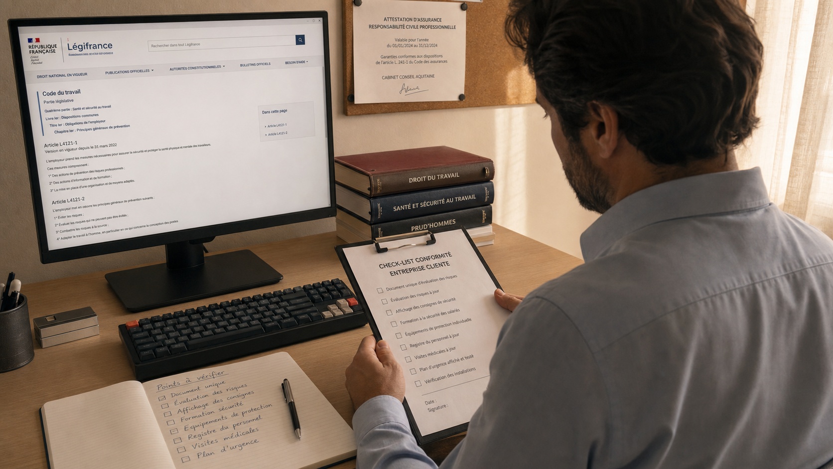 Consultant examinant des documents de conformité réglementaire sur son bureau, classeurs et ordinateur ouvert, lumière naturelle en fin de journée