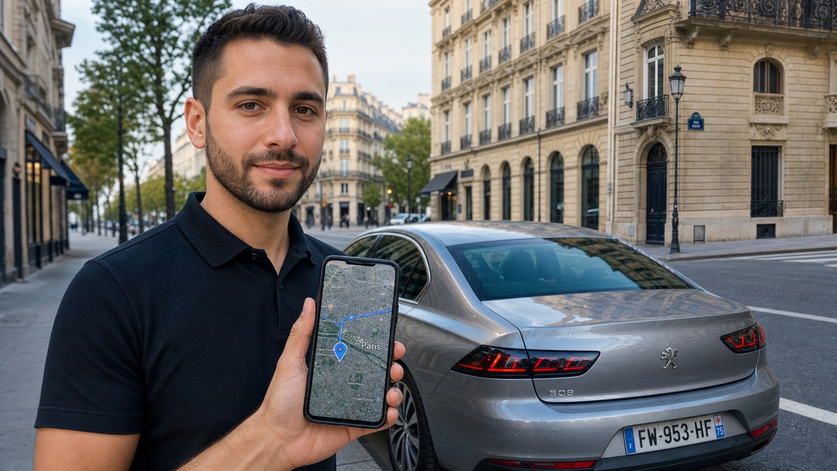 Chauffeur VTC vérifiant son application sur smartphone avant une course à Paris