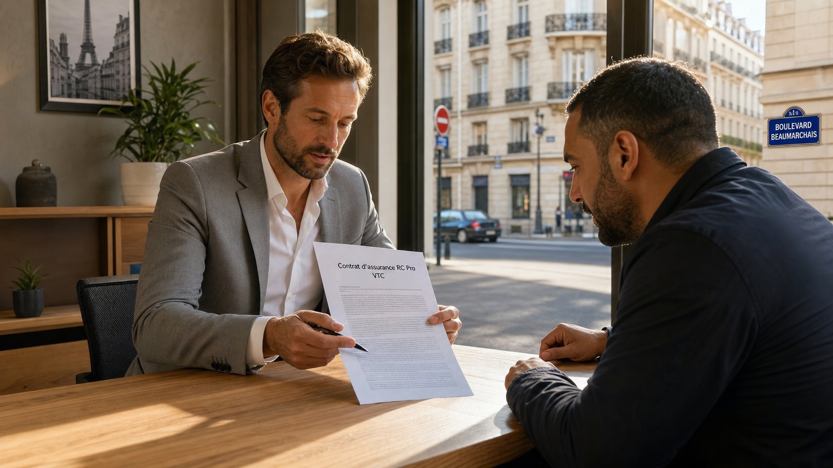 Courtier en assurance et exploitant VTC examinant un contrat RC Pro sur bureau à Lyon
