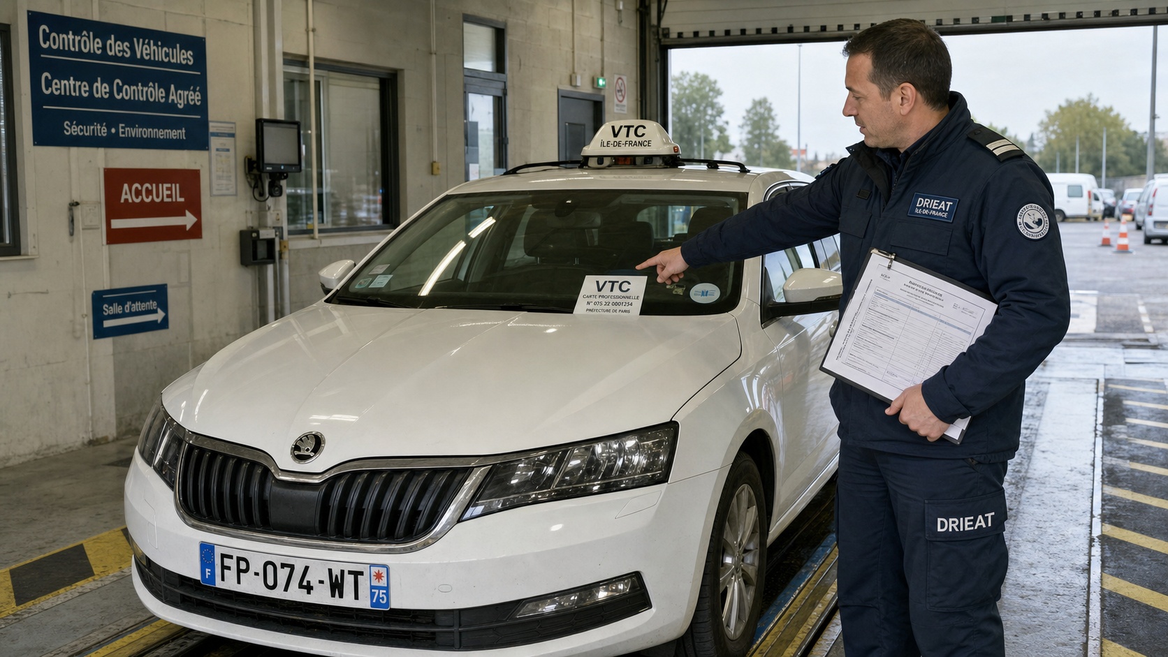 Inspection d'un véhicule VTC par un agent de contrôle avec document réglementaire à la main