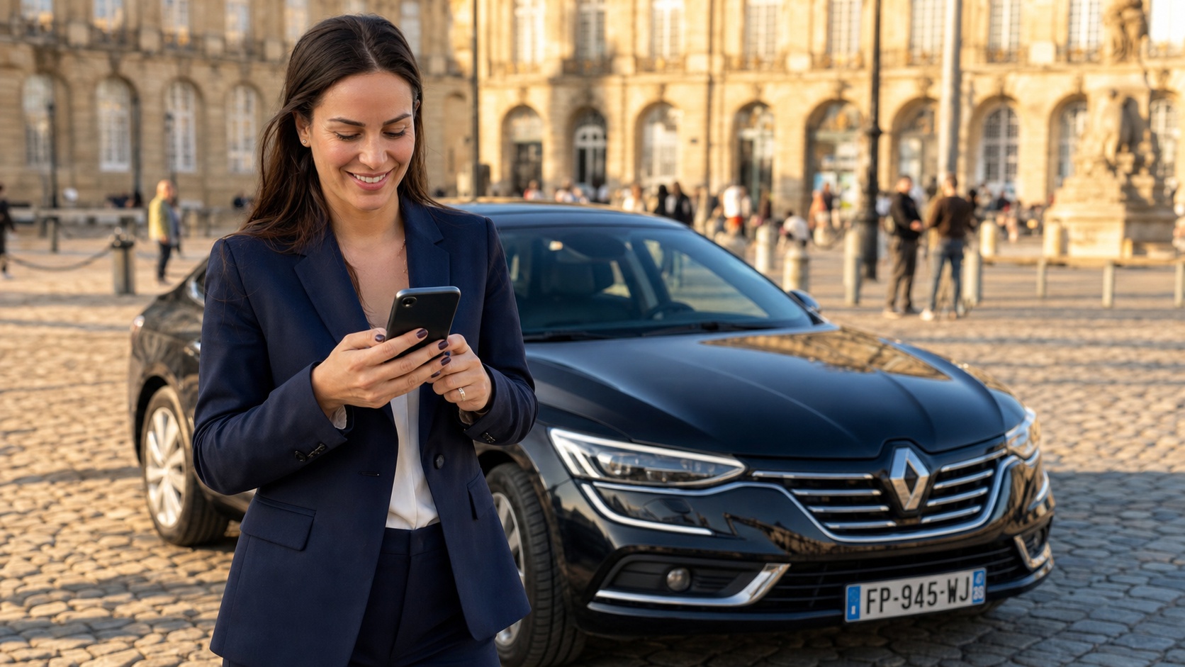 Chauffeur VTC souriant devant son véhicule après souscription d'assurance, journée ensoleillée à Bordeaux
