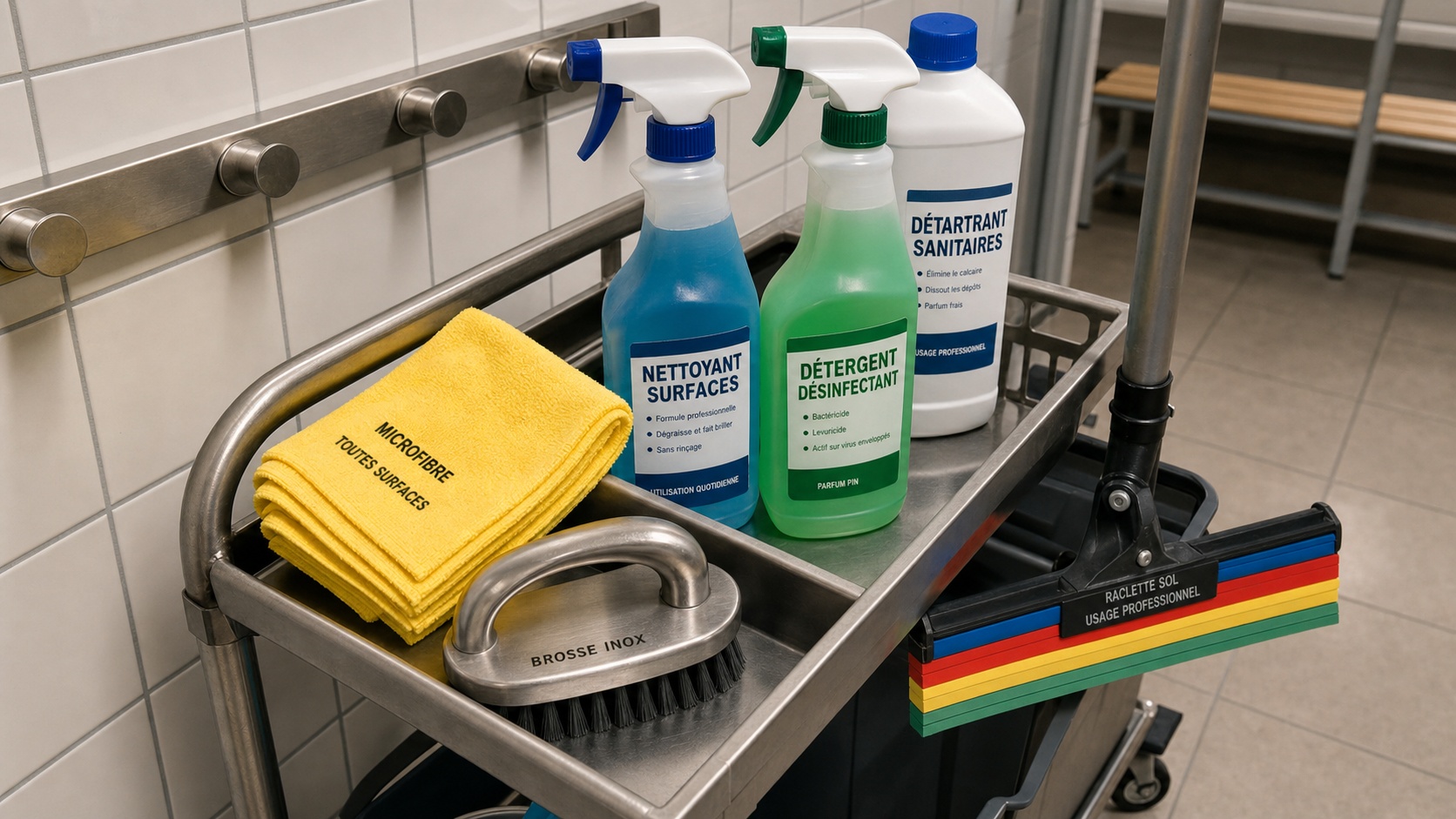 Gros plan sur des produits d'entretien professionnels rangés dans un chariot de nettoyage en inox dans une salle de sport lyonnaise