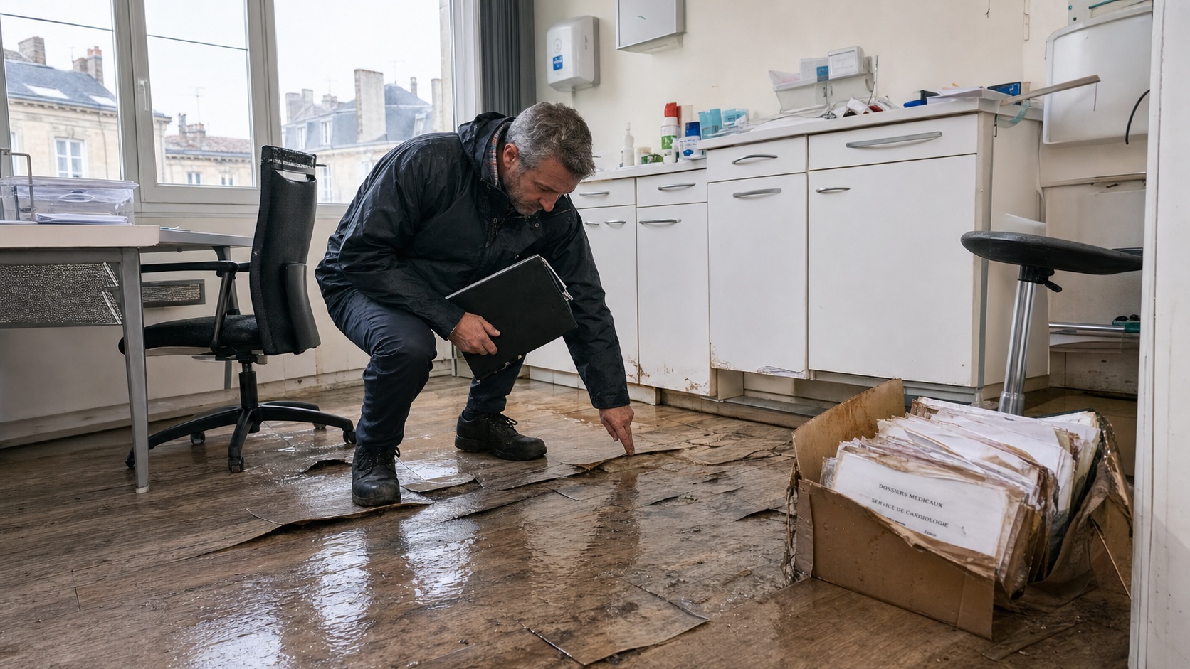 Inspecteur d'assurance vérifiant les dommages après un dégât des eaux dans un bureau parisien inondé, lumière froide de matin gris