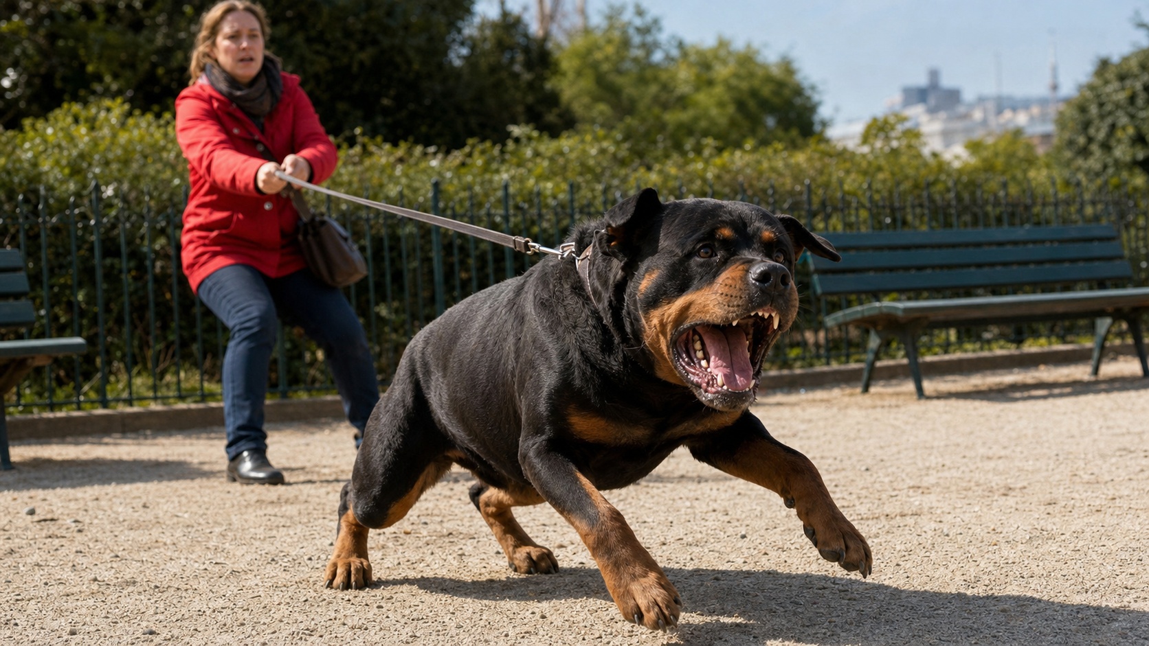Chien de race Rottweiler tenu en laisse par son propriétaire dans une rue française, illustration du risque de morsure et de la RC chien obligatoire
