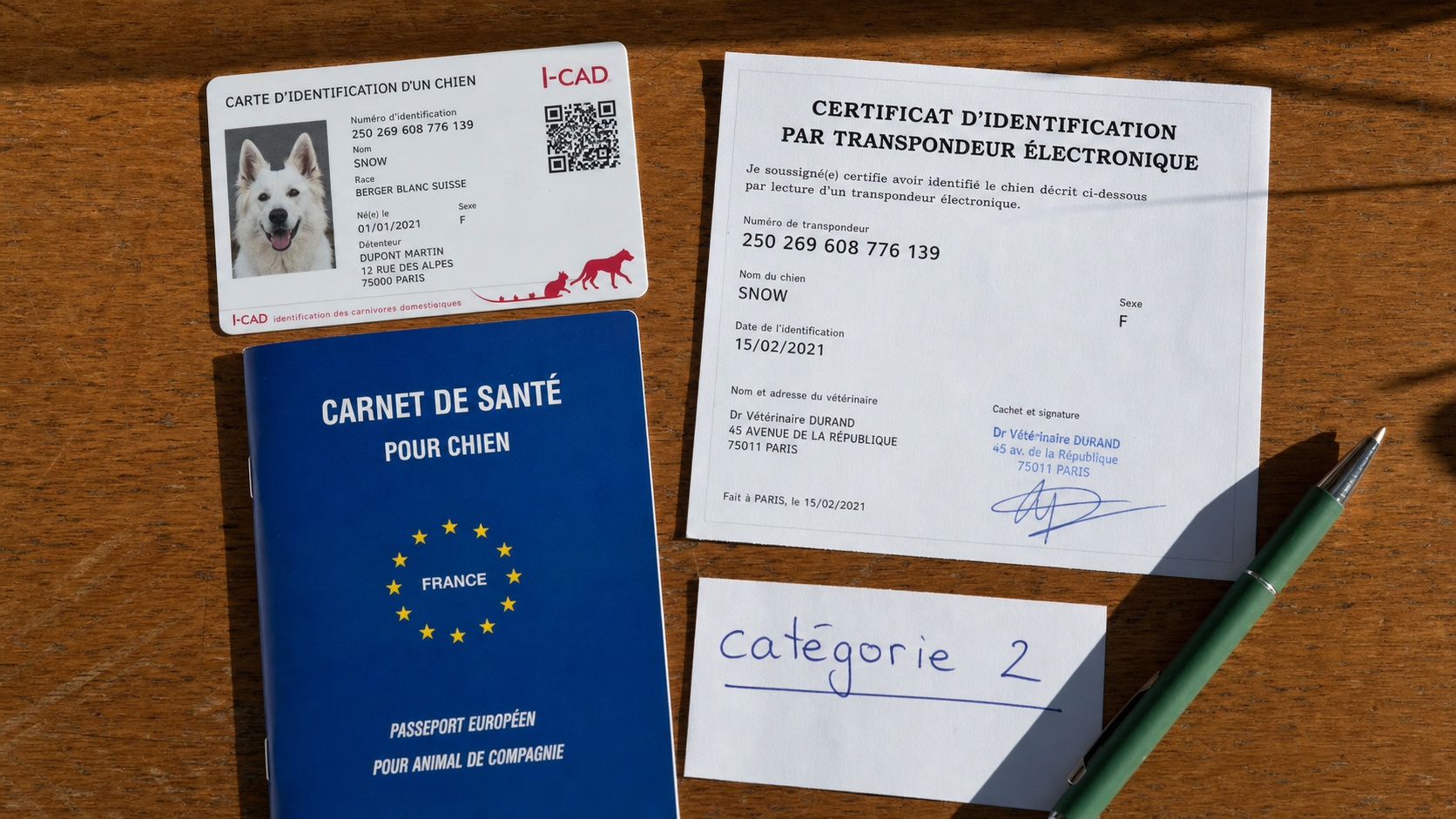 Gros plan sur le livret de vaccination et la carte d'identification I-CAD d'un chien de catégorie 2, documents exigés pour la souscription RC chien obligatoire