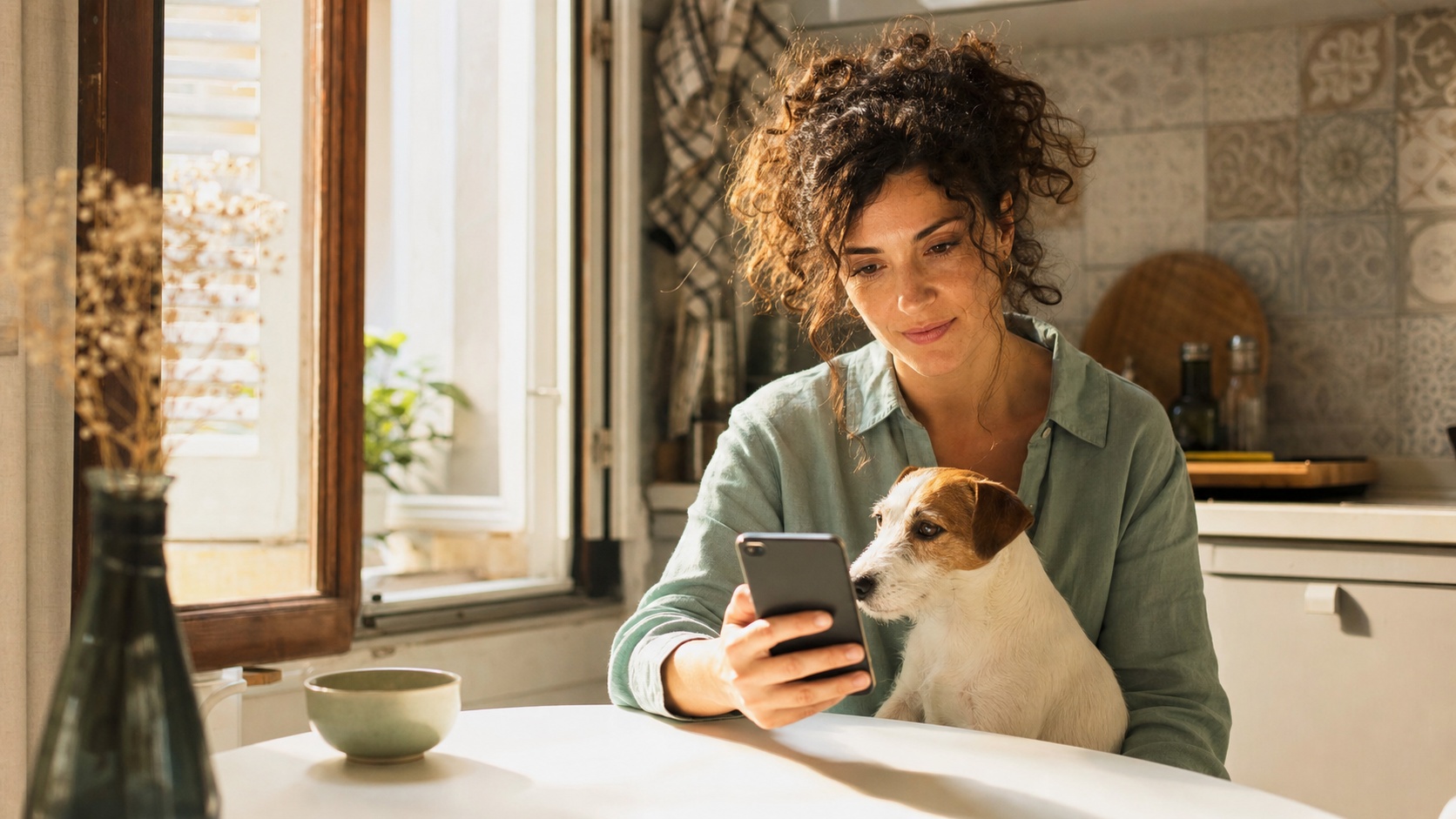 Propriétaire de chien consultant son téléphone pour souscrire une assurance responsabilité civile chien en ligne, dans un salon moderne