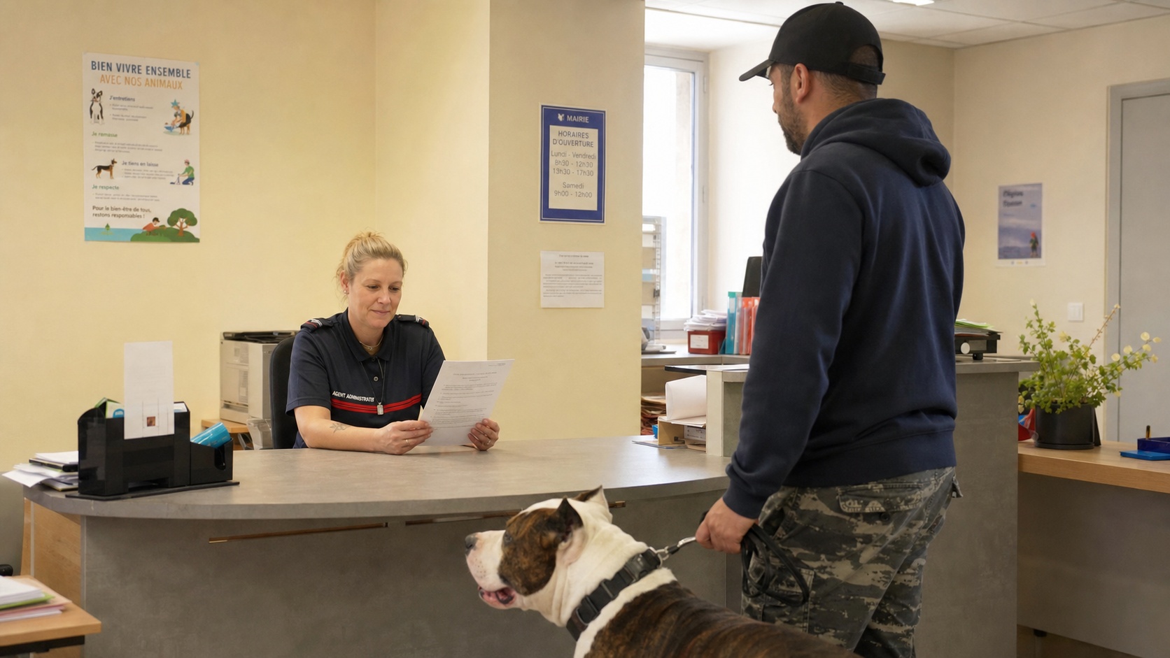 Agent municipal contrôlant le permis de détention et l'attestation d'assurance RC d'un propriétaire de chien catégorie 2 dans une mairie française