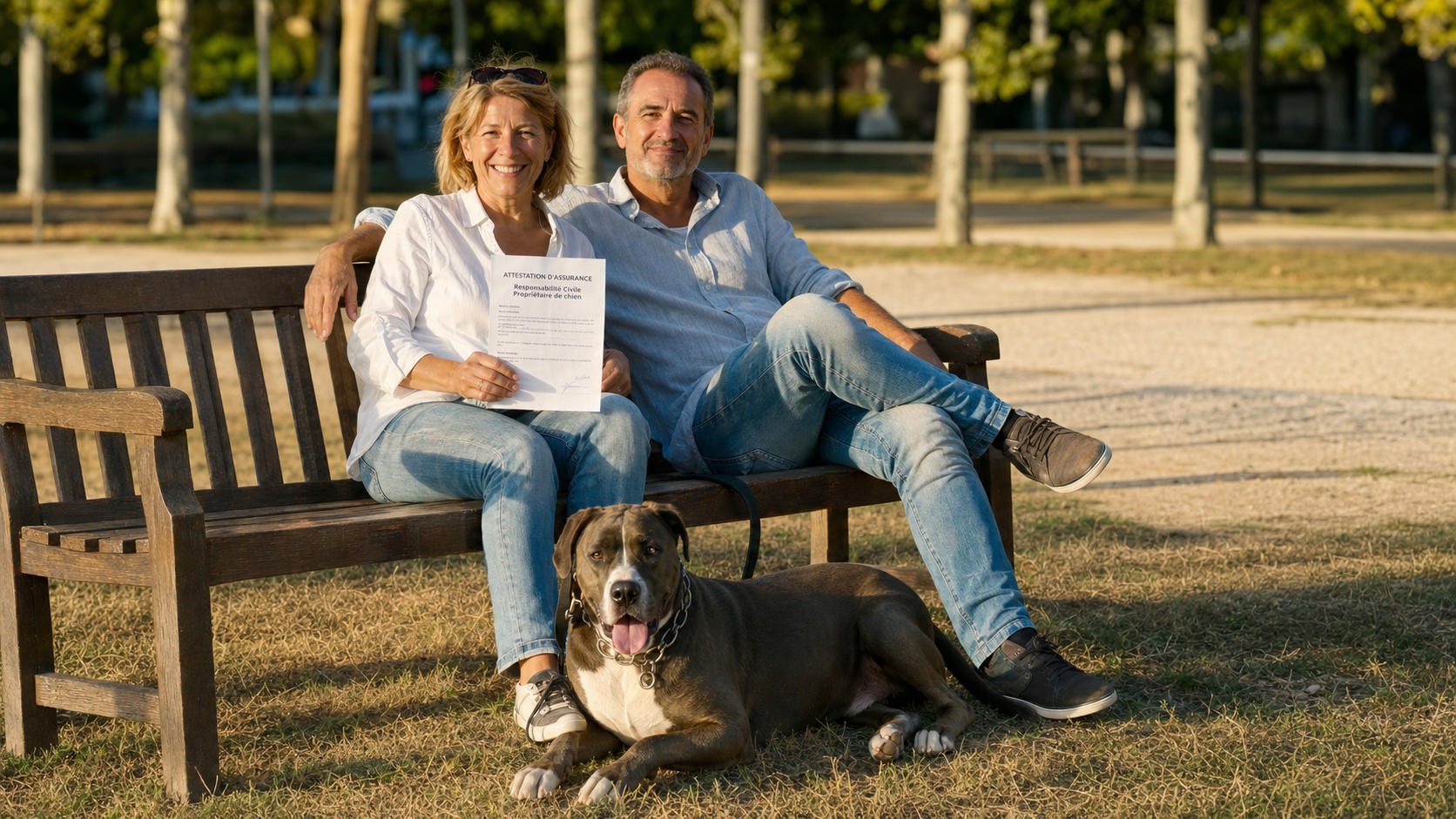 Propriétaire serein avec son chien de race American Staffordshire terrier en laisse dans un parc, attestation d'assurance RC chien en main