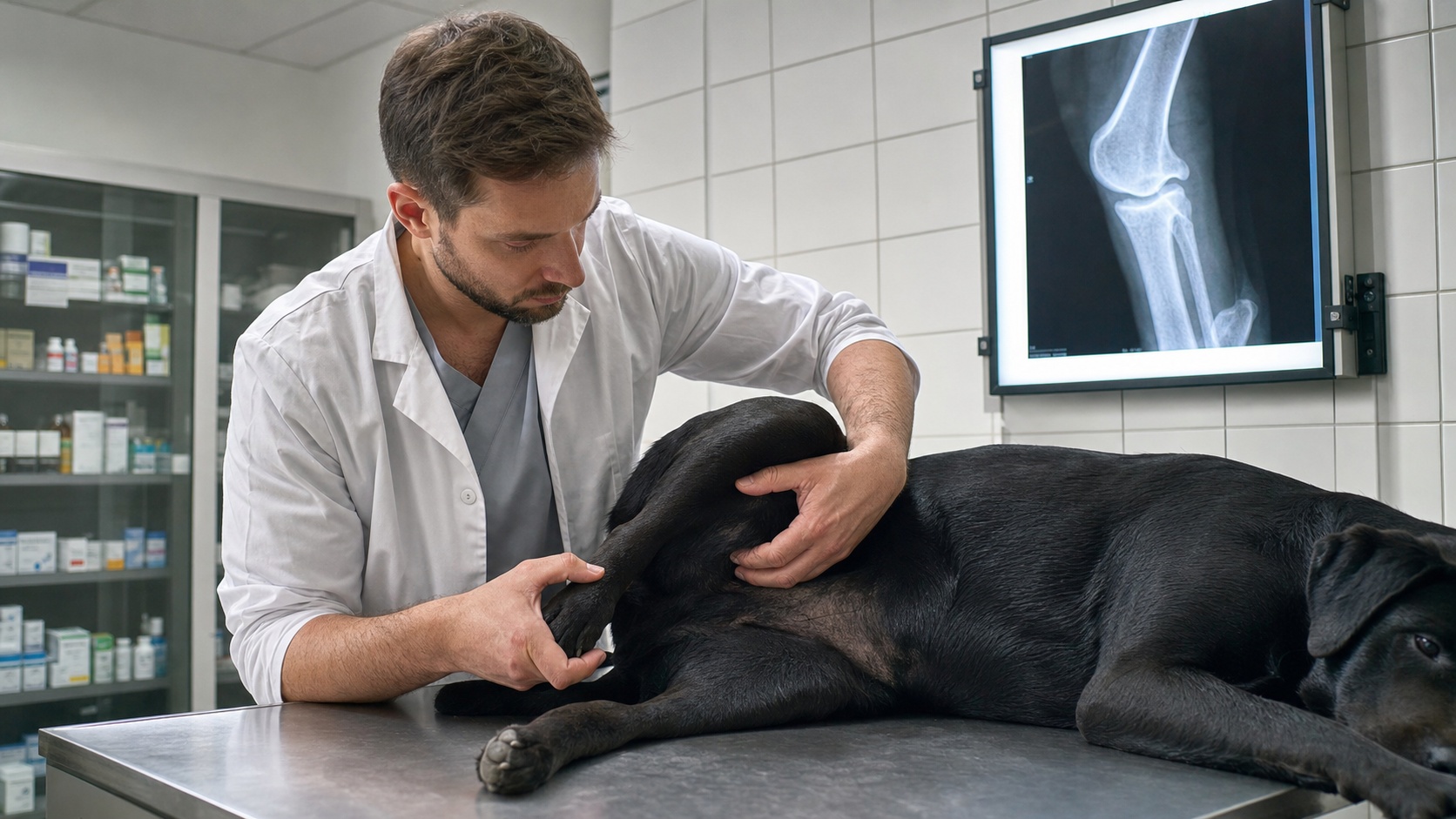 Vétérinaire examinant un Labrador sur une table de consultation en clinique vétérinaire