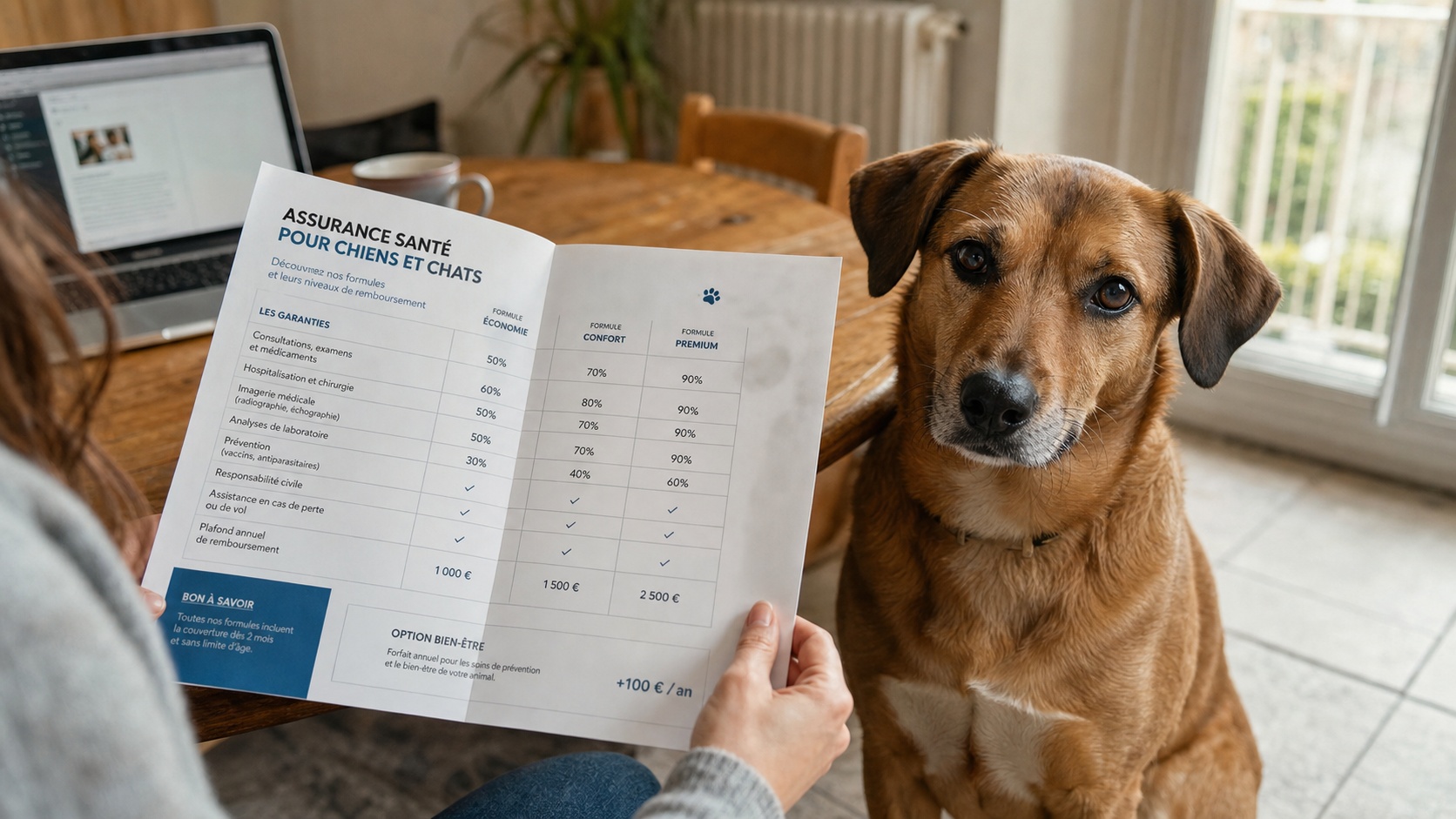 Propriétaire consultant une brochure de mutuelle chien avec sa chienne Labrador à ses côtés