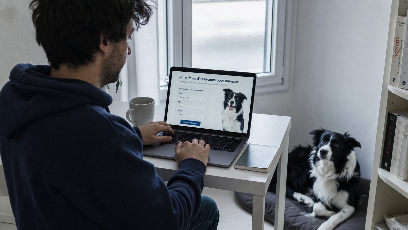 Propriétaire remplissant un formulaire de souscription d'assurance animaux sur son smartphone dans un salon