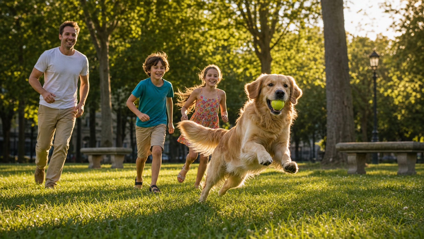 Famille heureuse avec leur Golden Retriever en bonne santé dans un parc ensoleillé après une visite vétérinaire