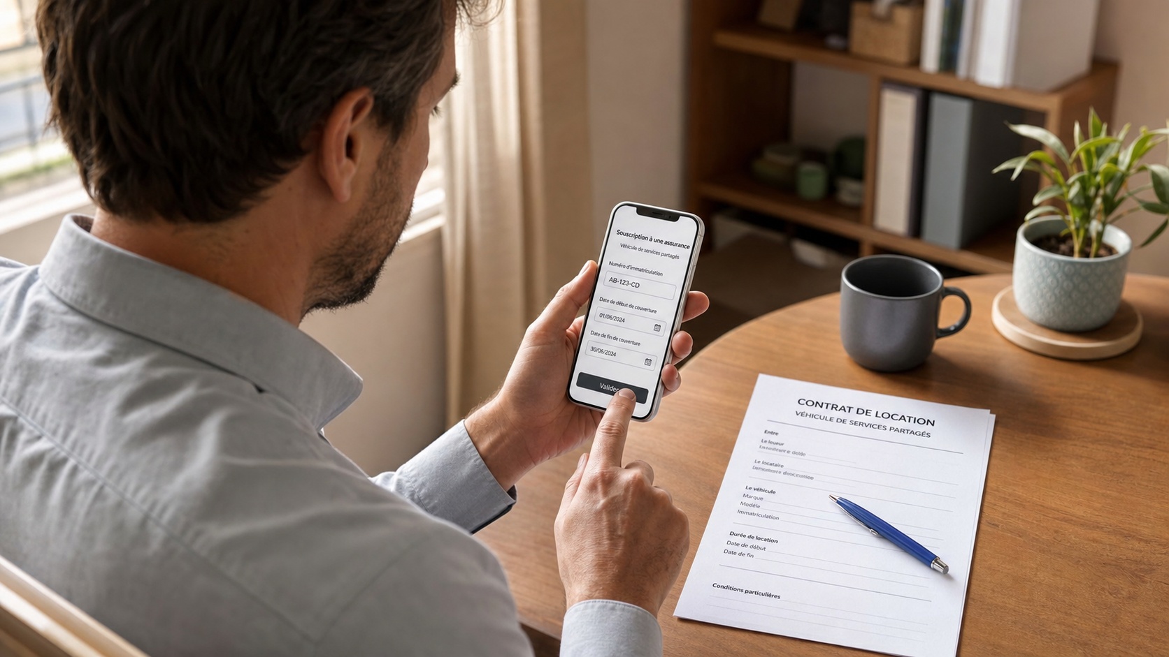 Souscription assurance temporaire VSP en ligne sur smartphone, bureau avec documents