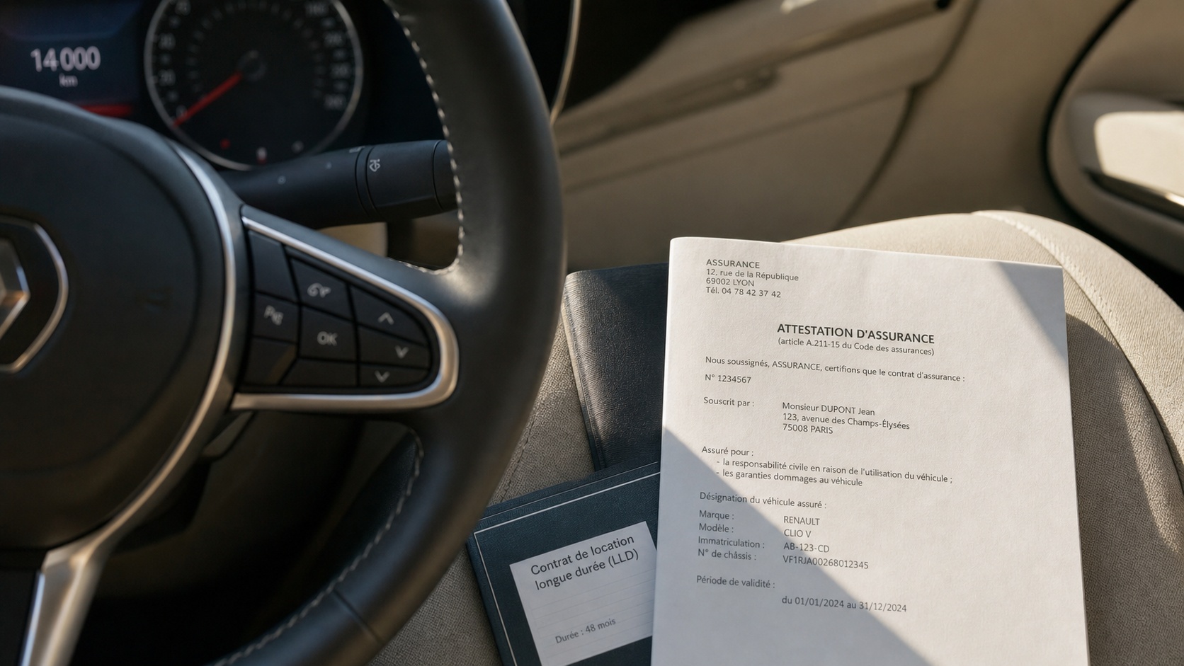 Tableau de bord d'une voiture en LLD avec documents d'assurance posés sur le siège passager