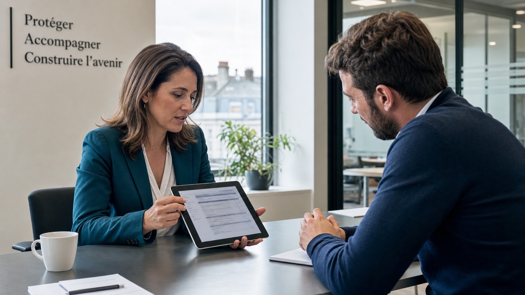 Conseiller Revital présentant un devis d'assurance LLD sur tablette à un client dans un bureau