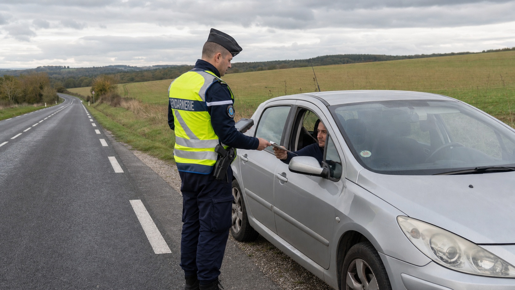Gendarme contrôlant les documents d'assurance d'un véhicule en LLD sur le bord d'une route nationale