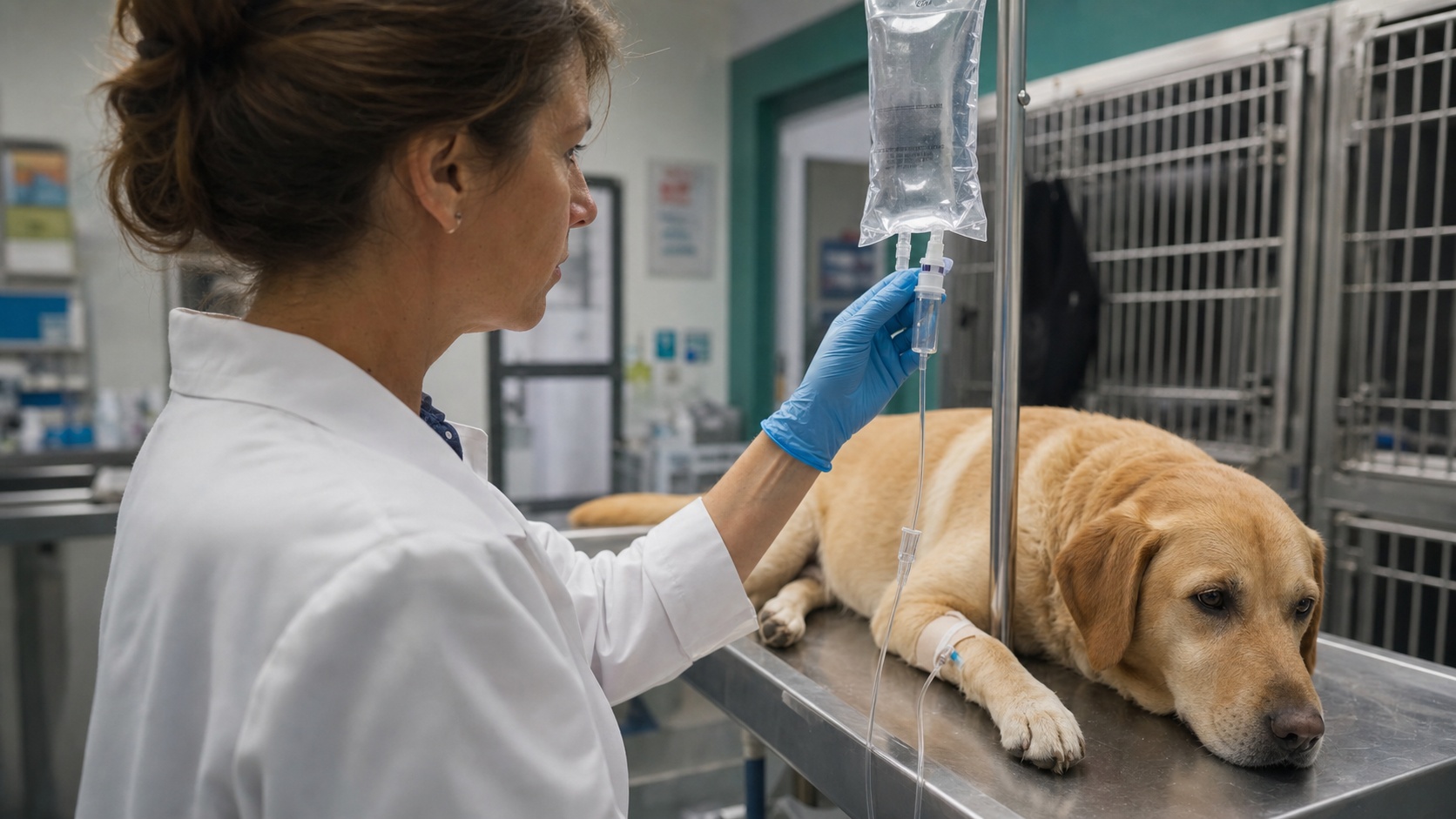 Vétérinaire examinant un chien hospitalisé dans une clinique vétérinaire française
