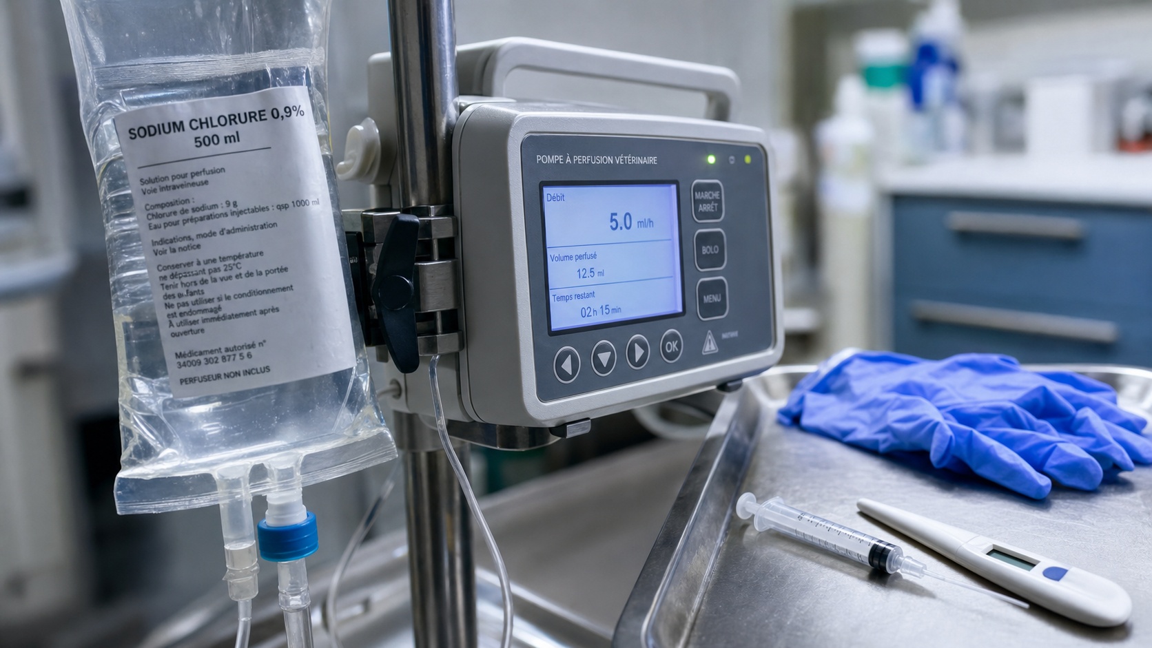 Chat hospitalisé sous perfusion dans une cage de clinique vétérinaire avec équipement médical visible
