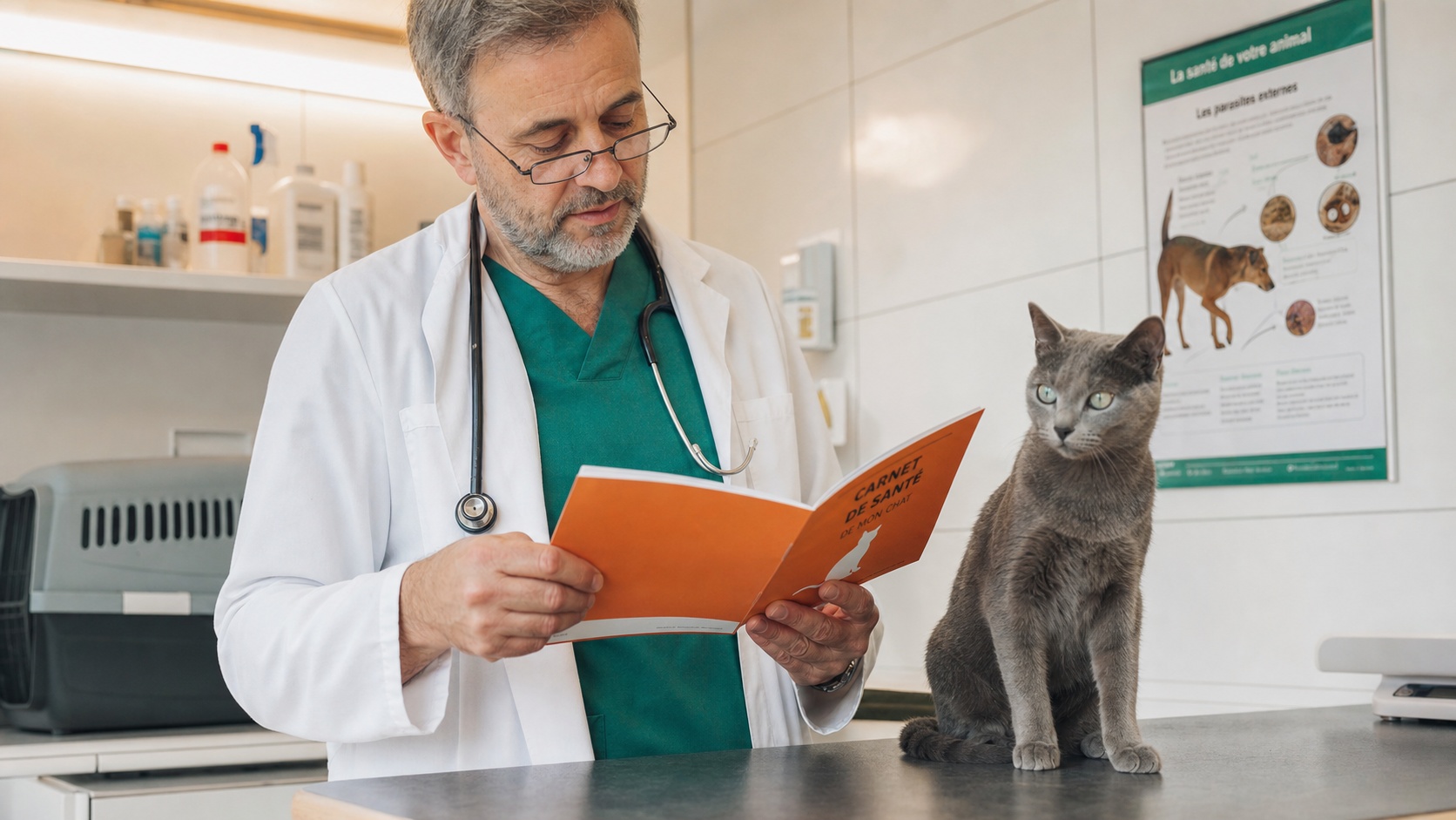 Vétérinaire inspectant le carnet de santé d'un animal lors d'une consultation réglementaire en clinique française