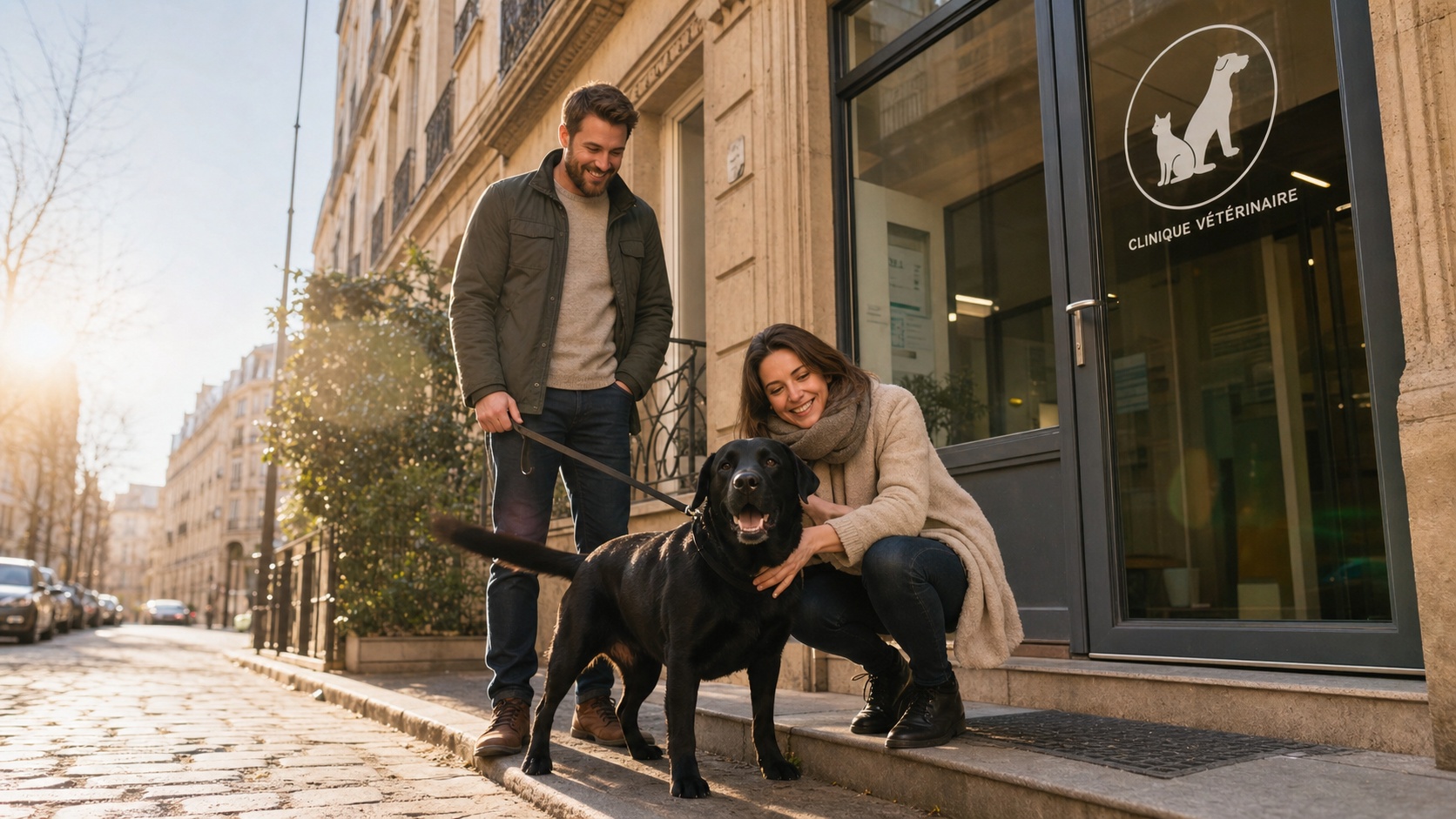 Famille heureuse retrouvant leur chien en bonne santé à la sortie d'une clinique vétérinaire française