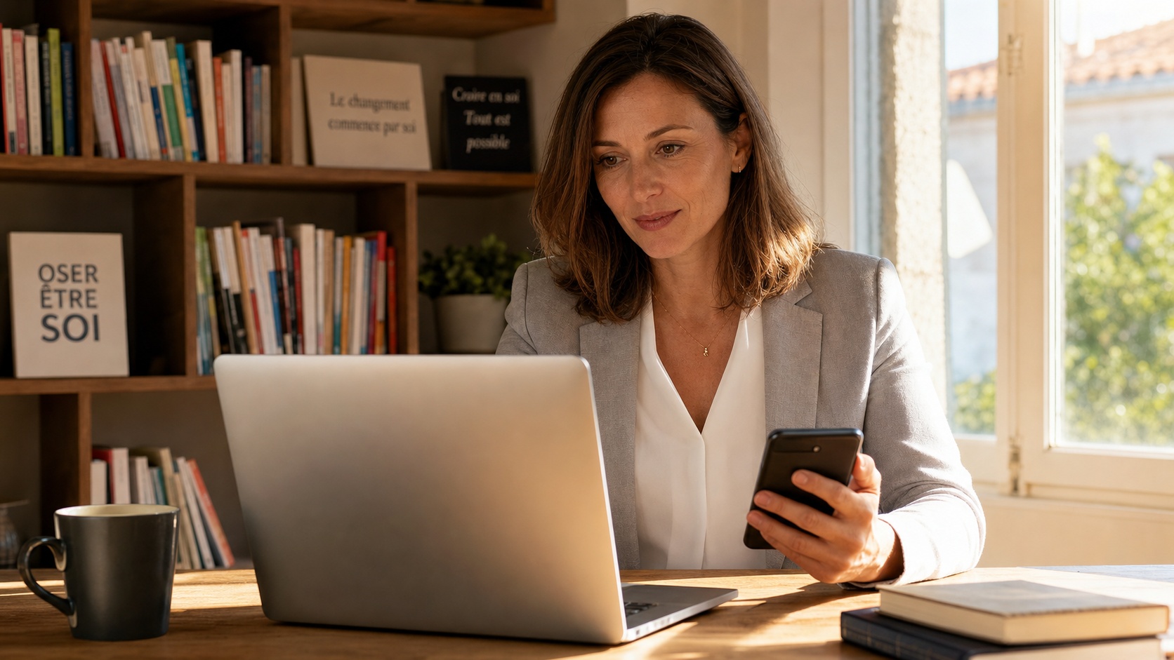 Coach mental consultant sur smartphone pour souscrire une assurance RC Pro en ligne