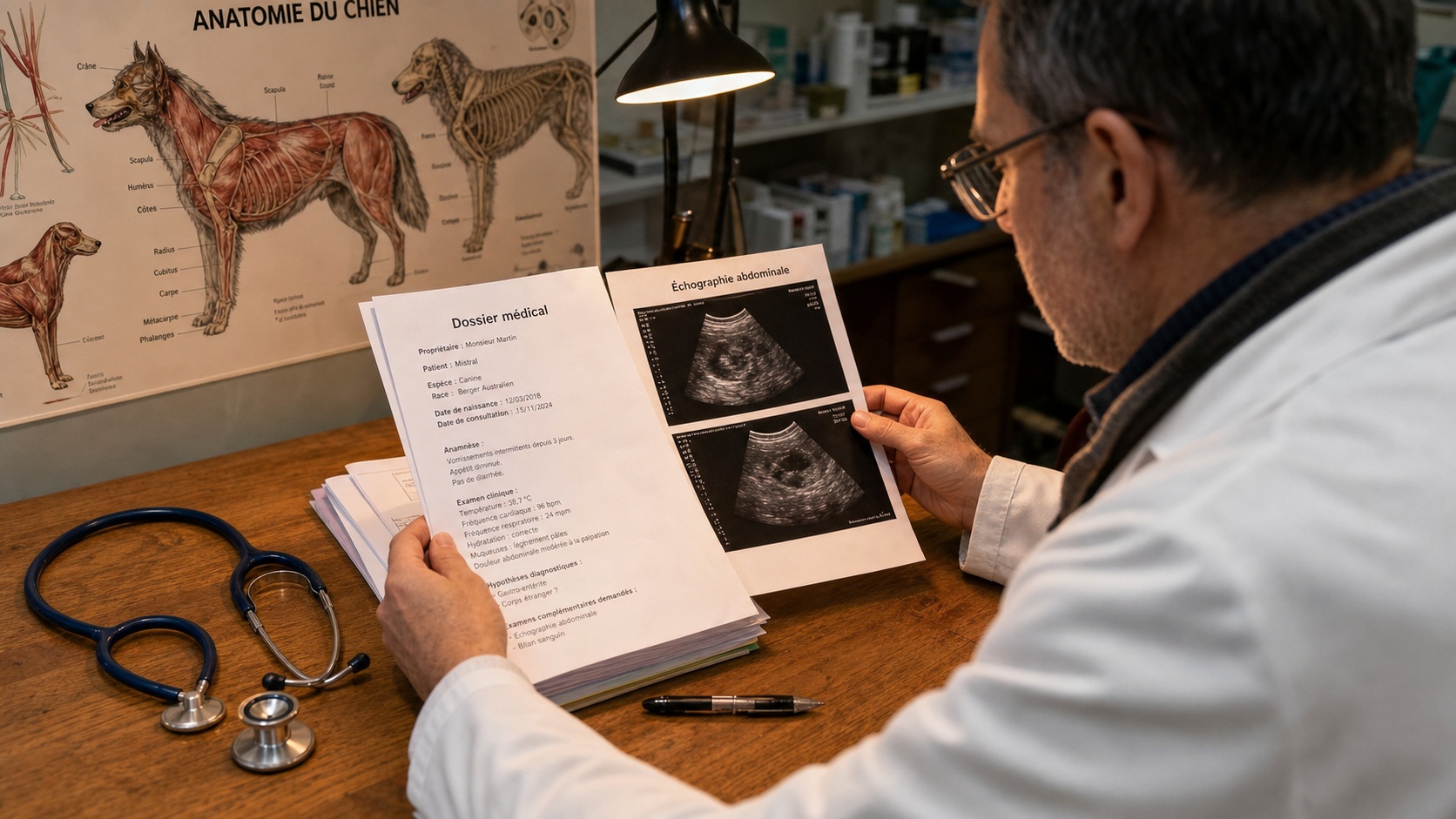 Vétérinaire consultant le dossier médical d'un chien avant une opération de stérilisation