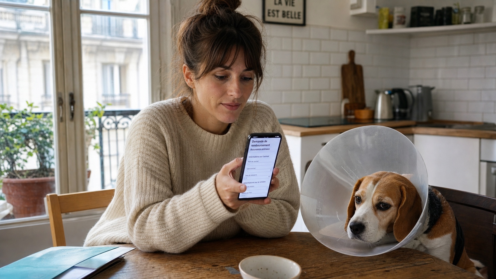 Propriétaire remplissant un formulaire de remboursement d'assurance animaux sur son smartphone