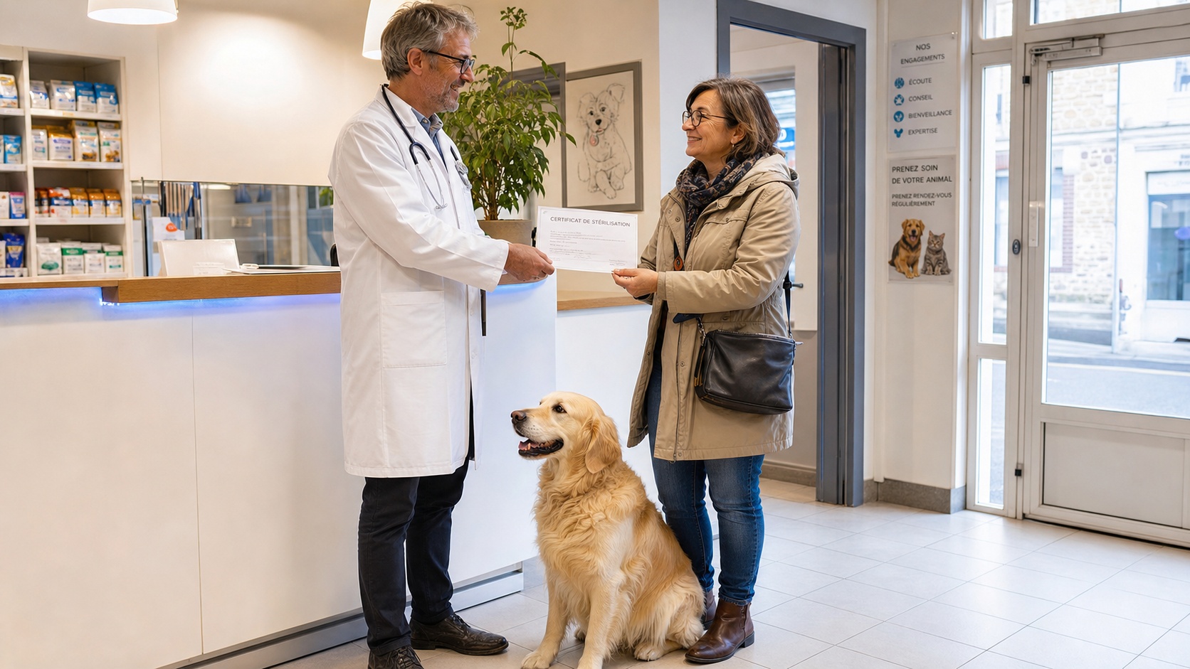 Vétérinaire présentant un certificat de stérilisation à une propriétaire de chien dans un cabinet vétérinaire