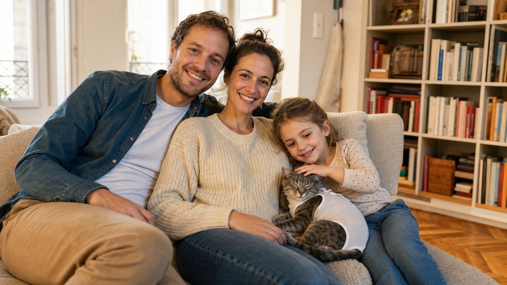 Propriétaire sereine avec son chat stérilisé convalescent à la maison après l'opération