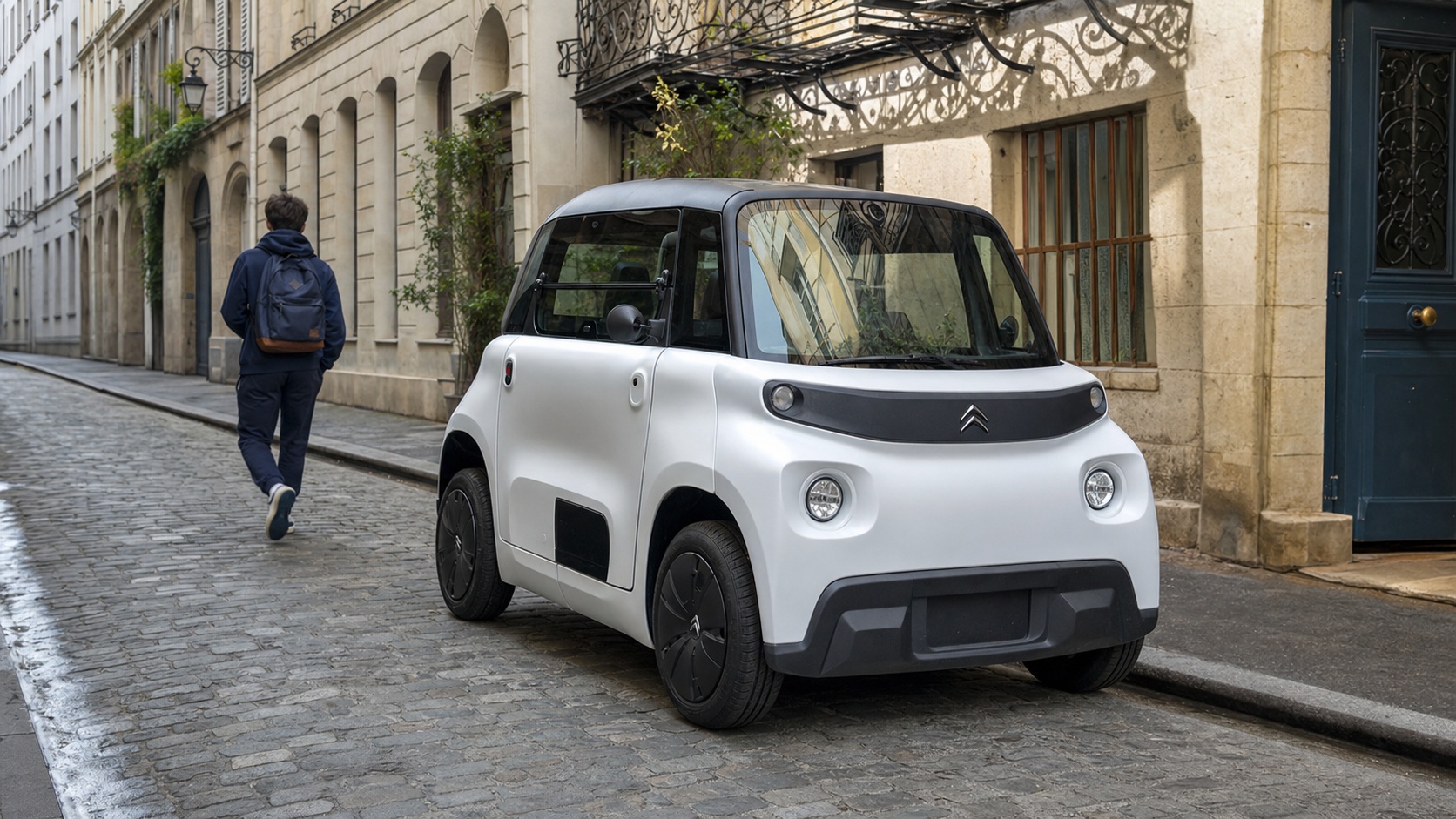 Citroën Ami garée dans une rue pavée parisienne vue trois quarts avant