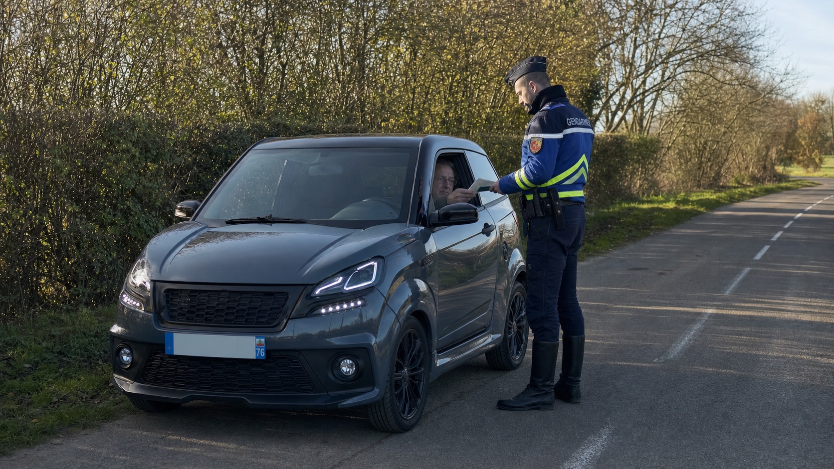 Gendarme vérifiant les documents d'un conducteur de voiturette sans permis lors d'un contrôle routier