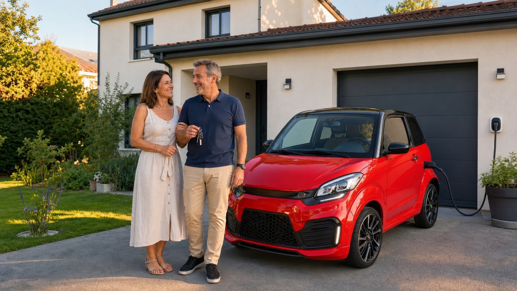Famille souriante devant leur nouvelle voiturette électrique sans permis garée devant une maison de banlieue