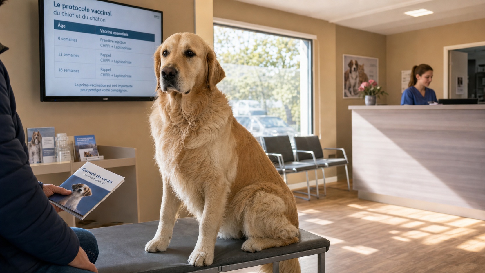 Vétérinaire administrant un vaccin à un chien dans un cabinet vétérinaire en France