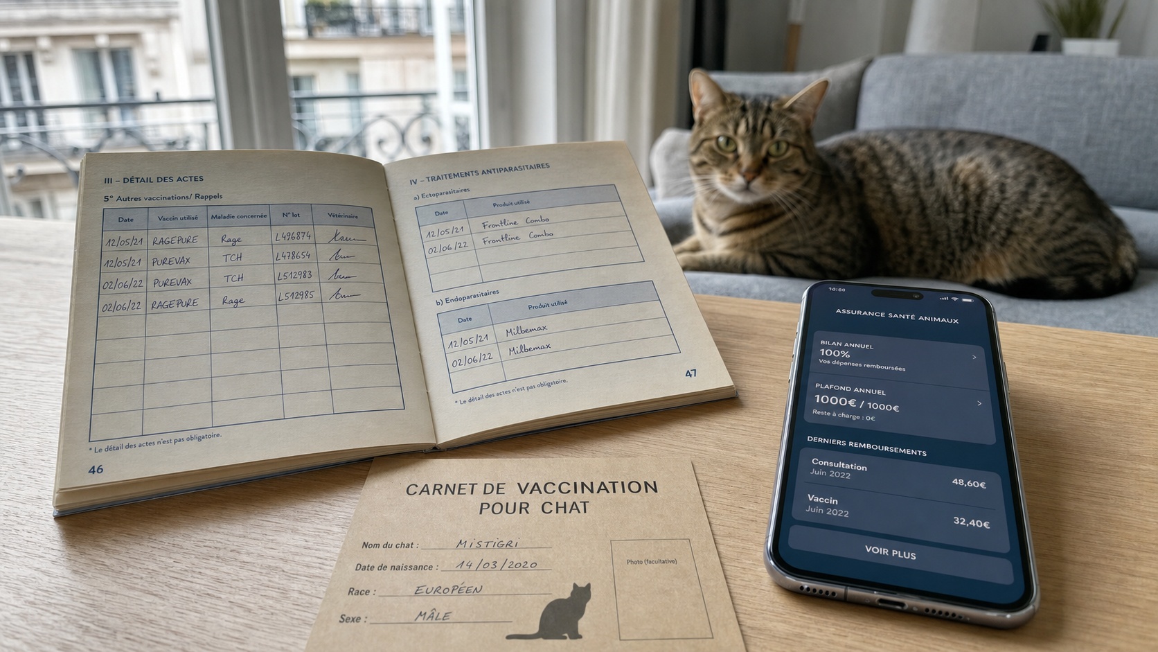 Propriétaire consultant les conditions de remboursement de son assurance animale sur tablette dans un appartement parisien