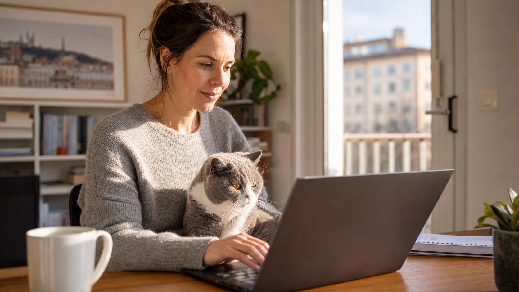 Propriétaire souscrivant une assurance animale en ligne depuis un bureau à domicile avec son chat sur les genoux
