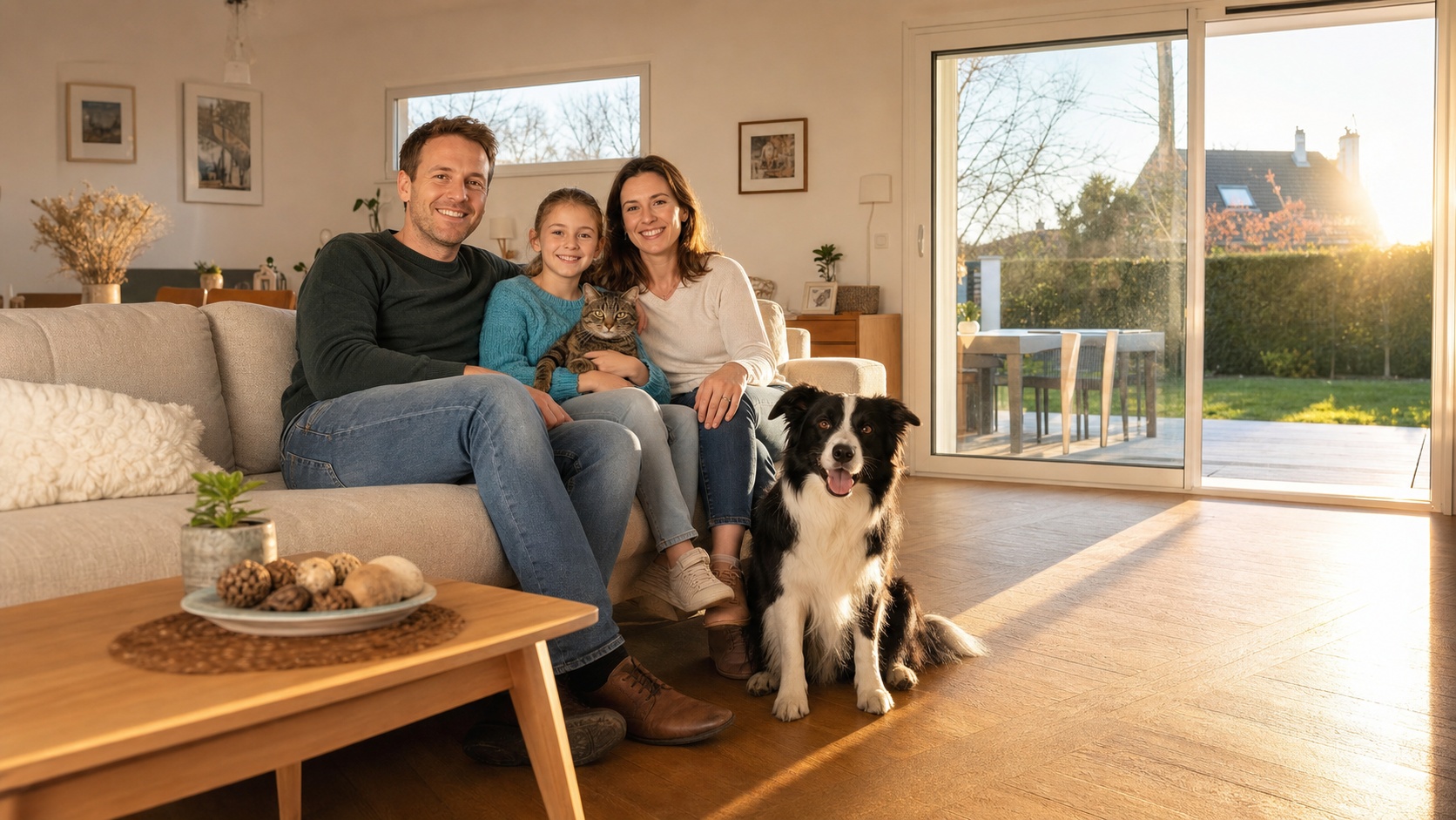 Famille heureuse avec leur chien et leur chat dans un salon lumineux après avoir souscrit leur assurance animale