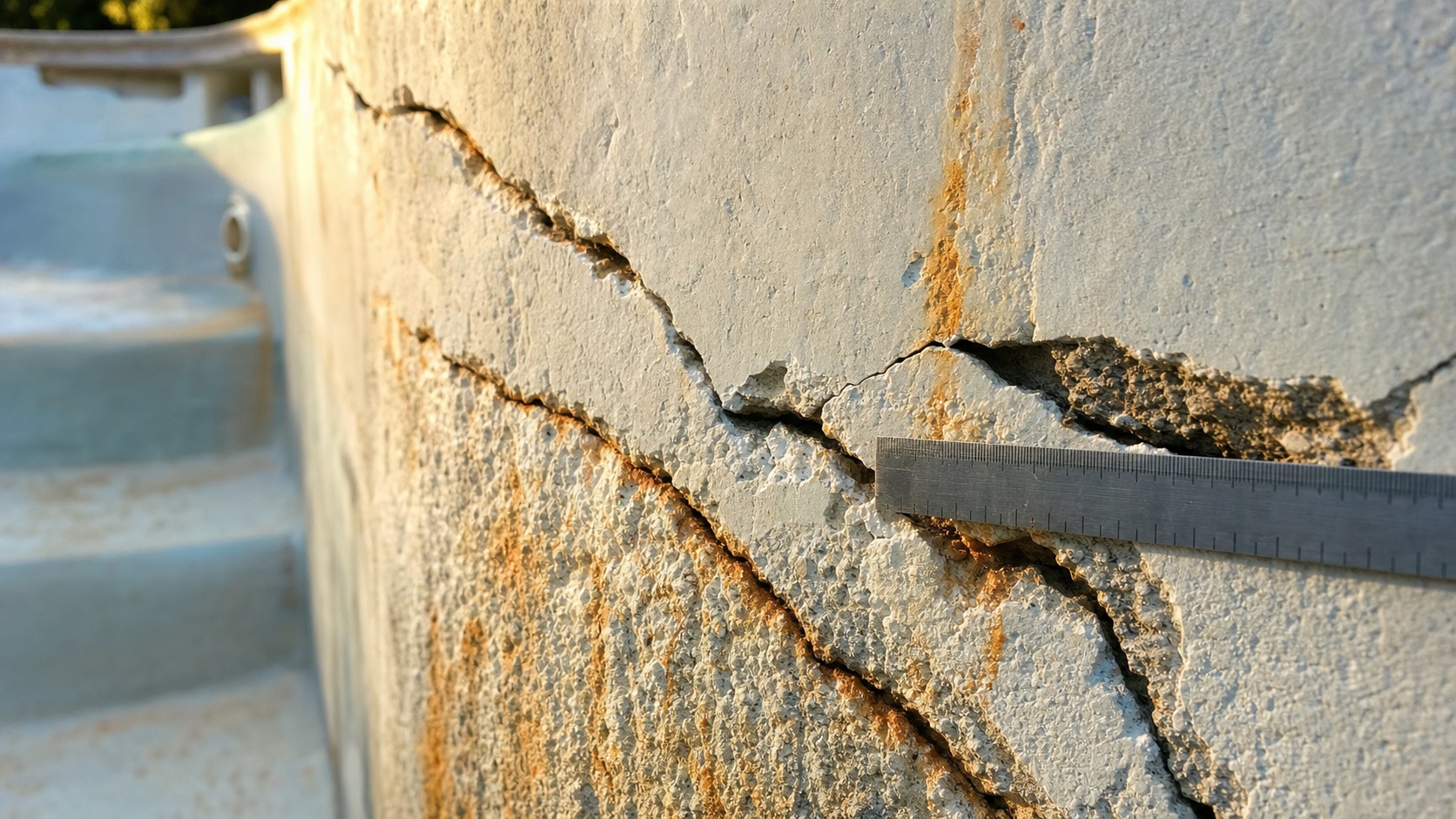 Fissures visibles sur le bassin d'une piscine enterrée, révélant un défaut structurel post-construction