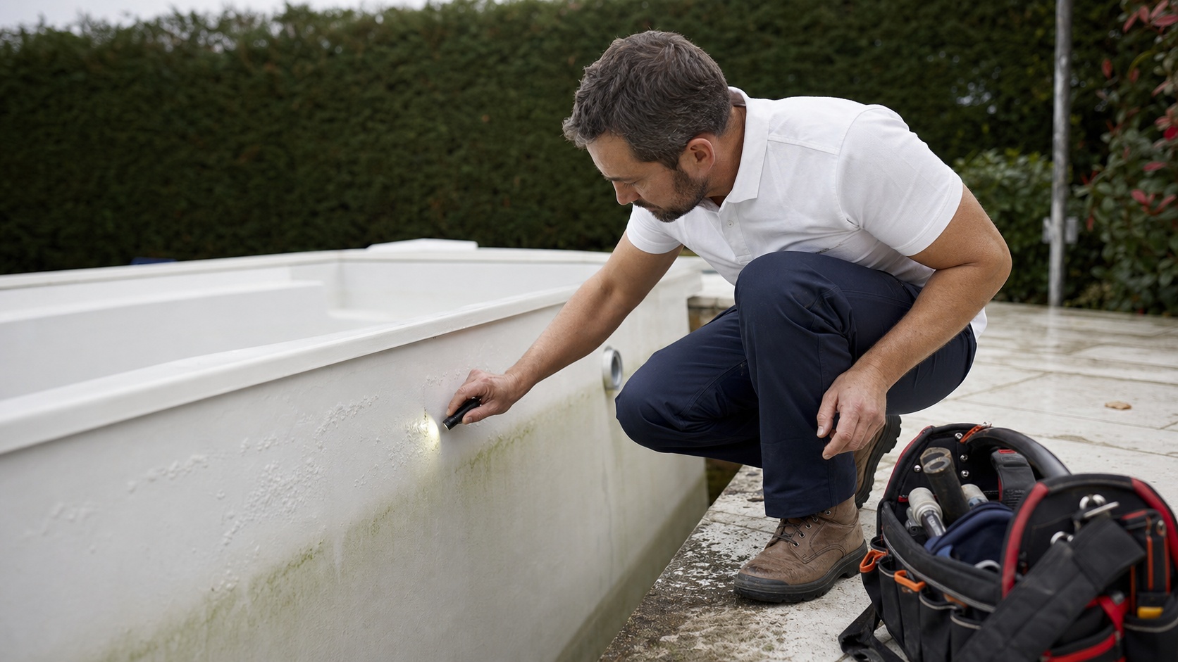 Artisan pisciniste vérifiant l'étanchéité d'un bassin béton projeté avant réception des travaux
