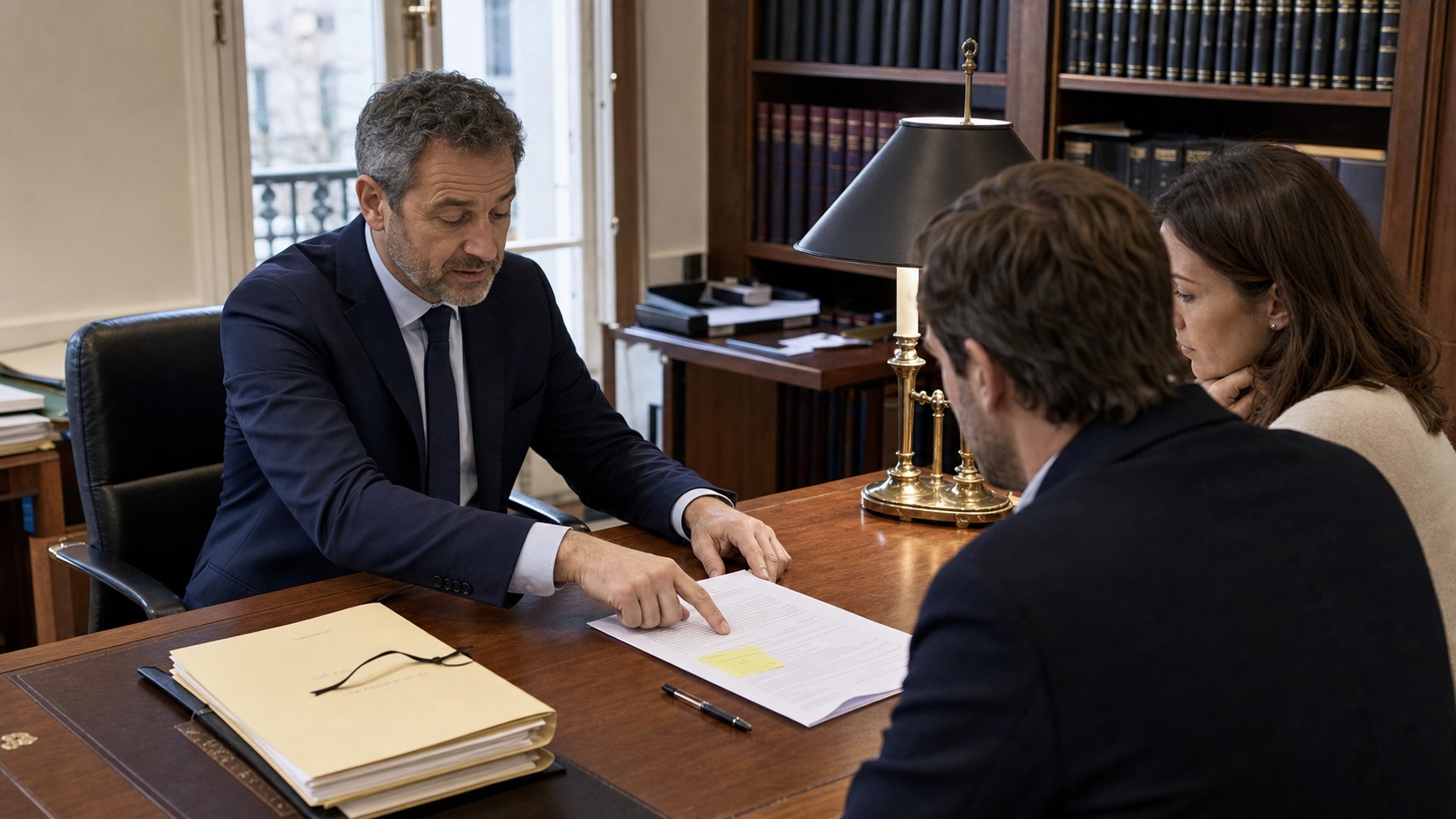 Notaire et acheteurs immobiliers examinant des documents relatifs à une piscine lors d'une signature d'acte authentique