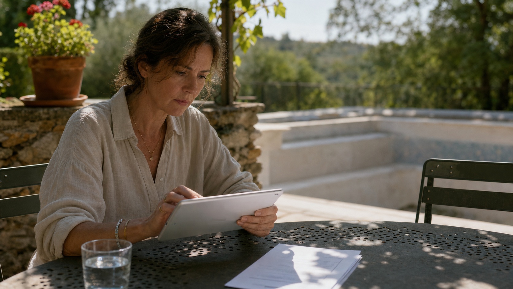 Propriétaire transmettant une déclaration de sinistre à son assureur sur tablette dans son jardin