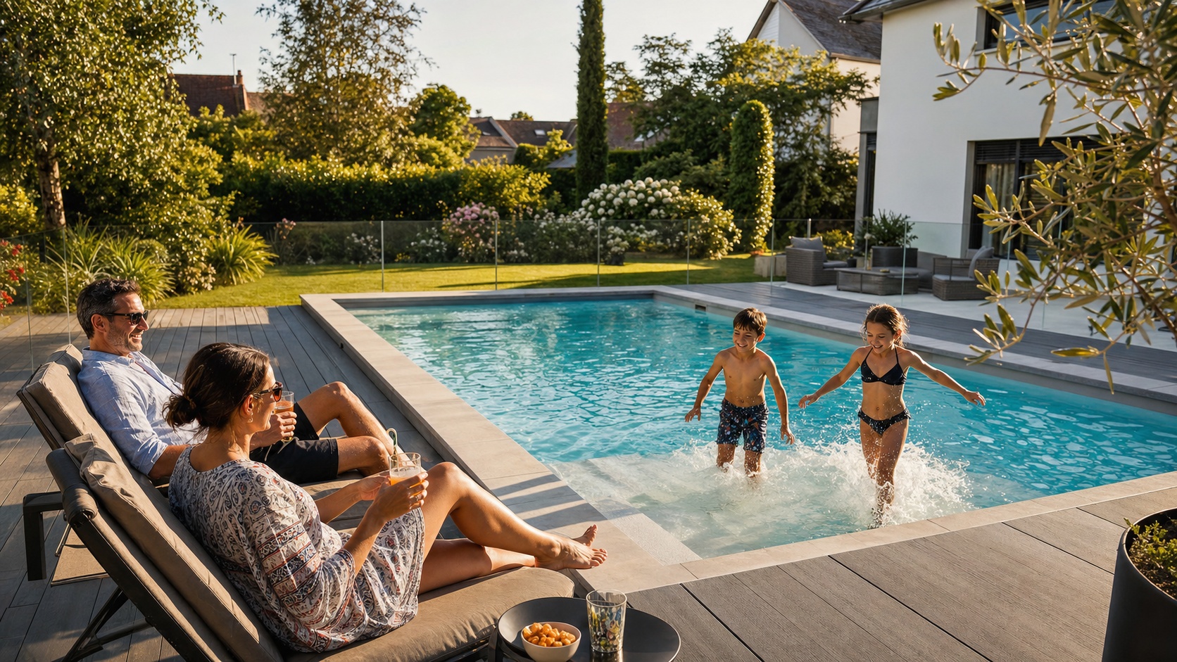 Artisan pisciniste et propriétaire satisfaits devant une piscine enterrée neuve en fin de chantier