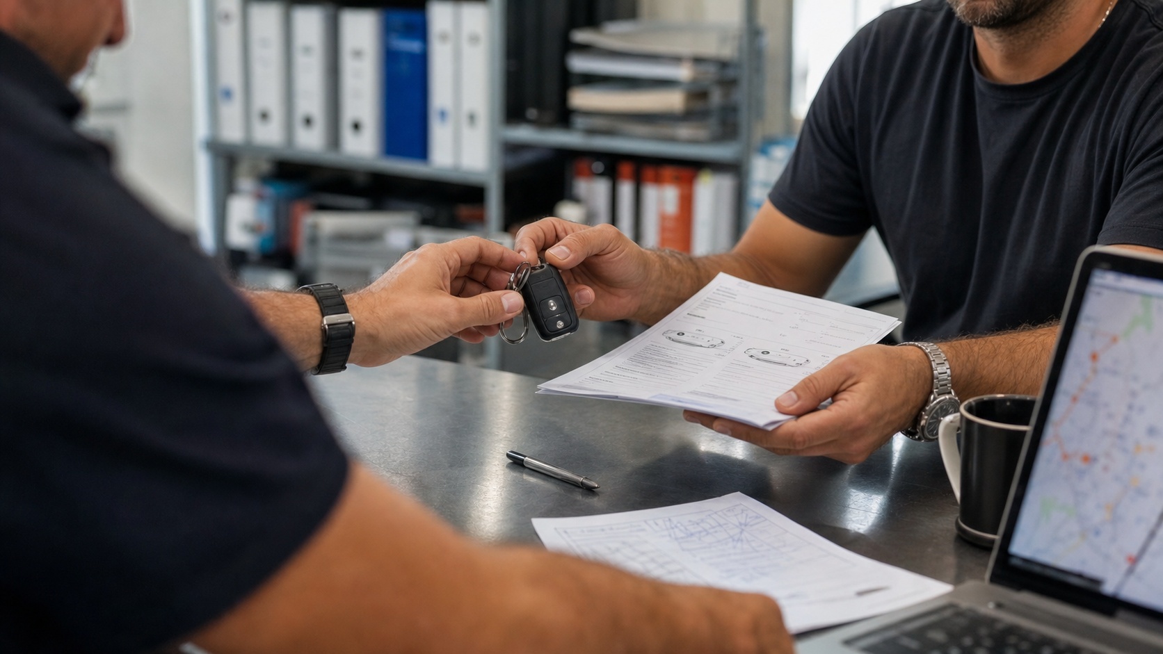 Deux professionnels de l'automobile échangeant des documents de convoyage devant un camion de transport de véhicules